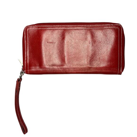 Fossil Red Leather Zip Around Travel Passport Organizer Wristlet Wallet Purse - Picture 1 of 16